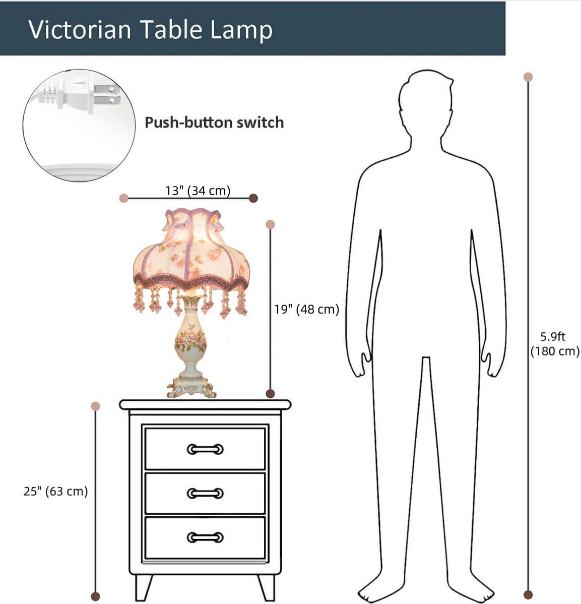 Lámpara de mesa victoriana tela encaje rosa con cuentas