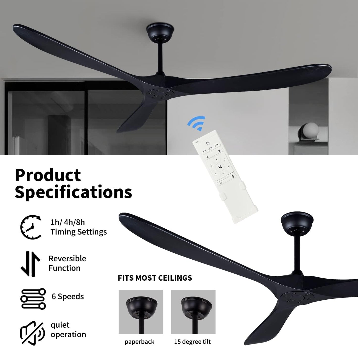 Ventilador techo 60pulg madera negra control remoto motor CC