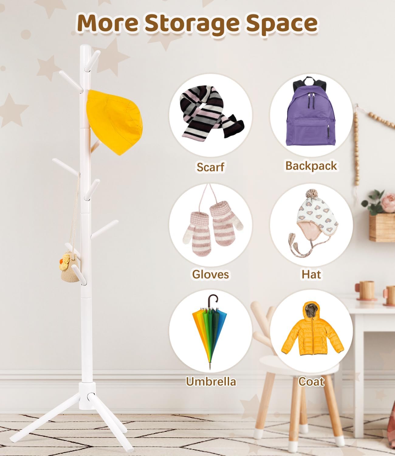 Perchero infantil de haya 9 ganchos ajustables color blanco