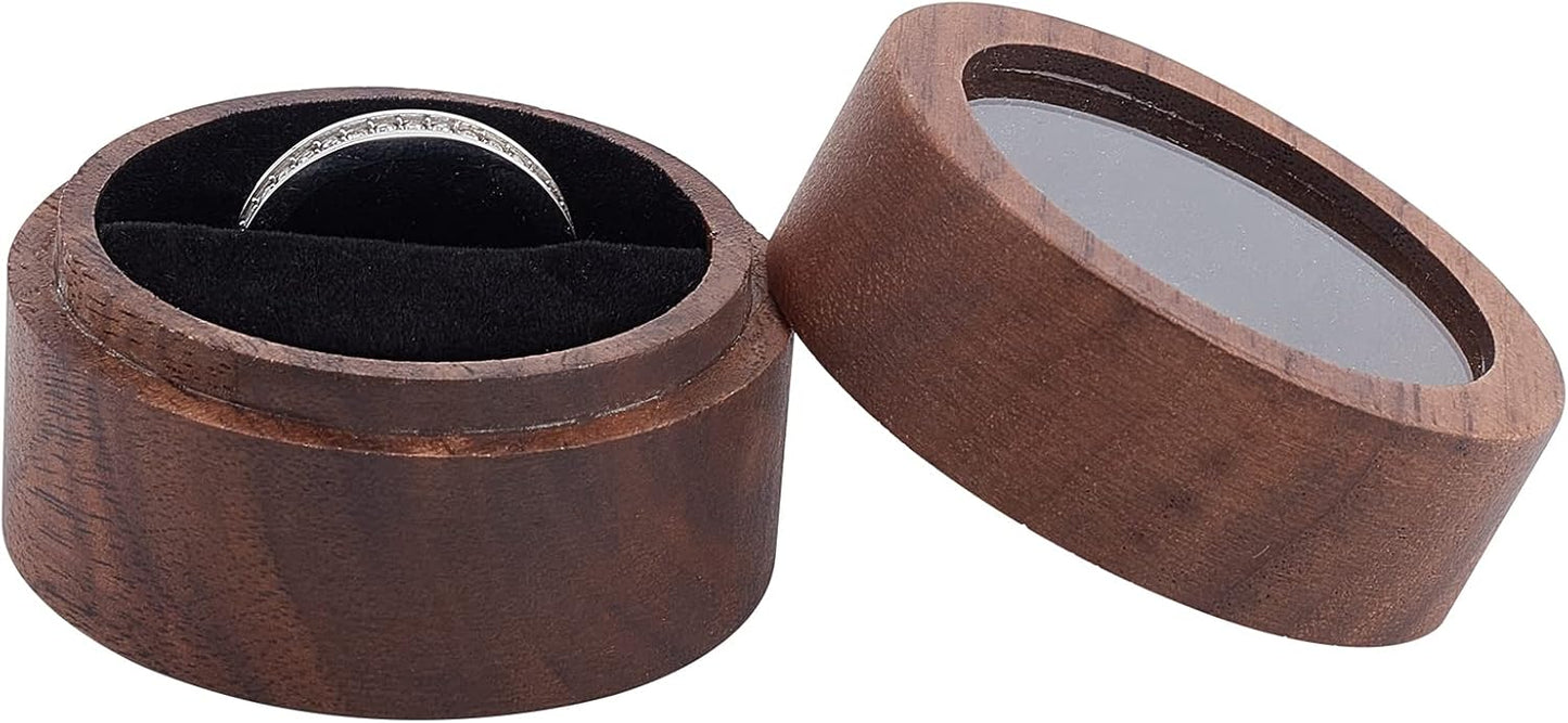 Caja anillos madera nogal 2x1.4" redonda terciopelo negro