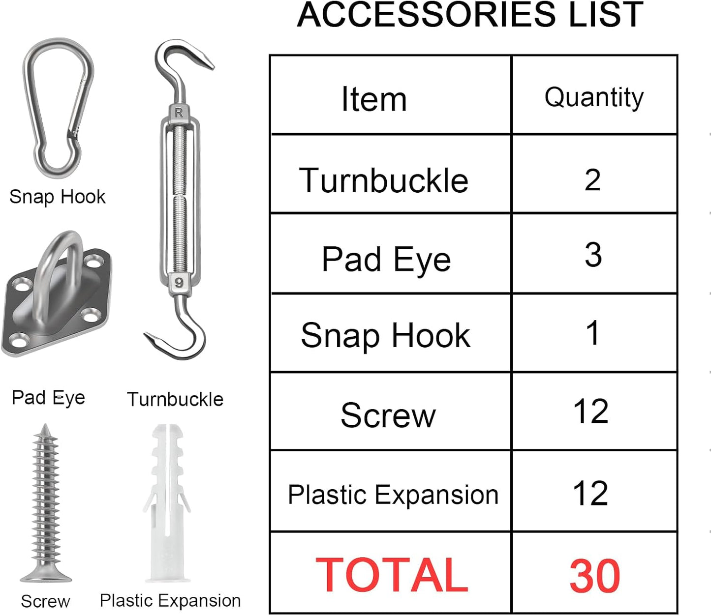 Kit accesorios vela toldo triangular 5" acero inox 30 pzas