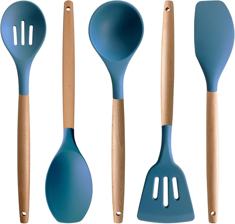 Set 5 Utensilios Silicona Antiadherente con Mango Madera