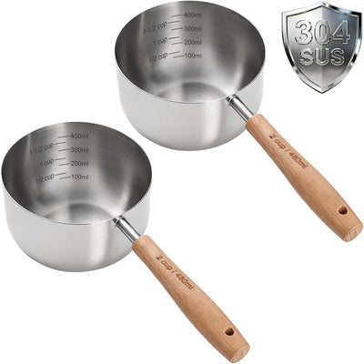 2 Tazas Acero Inox 18/8 Medidor Comida Mascotas con Mango Madera