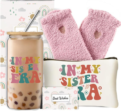 Juego caja regalo hermanas con taza vidrio 16oz