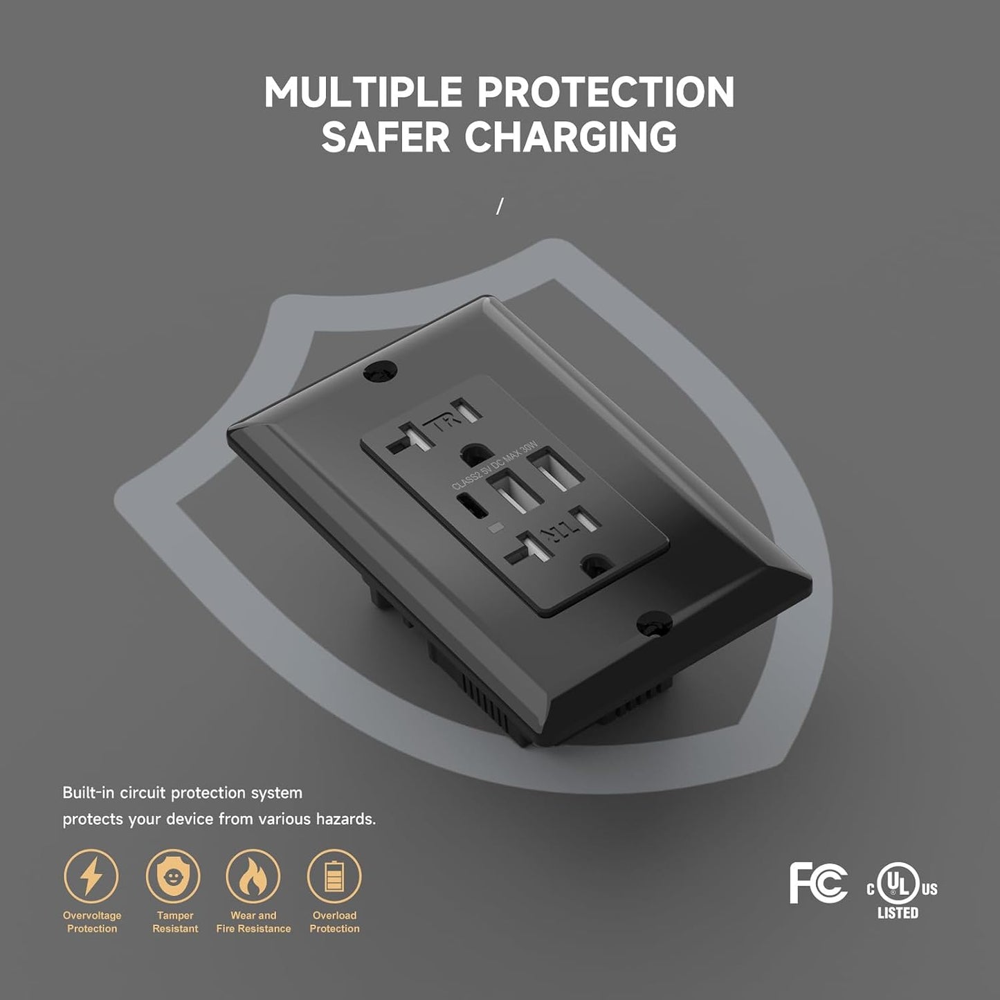 Toma corriente USB 6A 30W USB C 20A negro pack 10