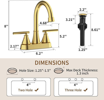 Grifo baño 4" oro cepillado sin plomo con tapón drenaje