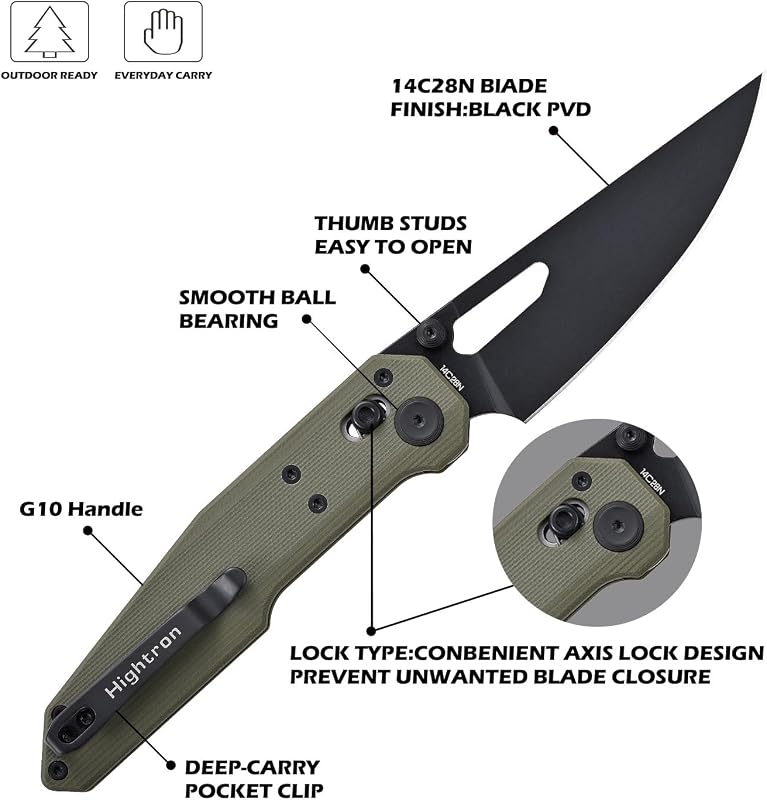 Cuchillo plegable 3.6pulg acero 14C28N PVD negro mango G10