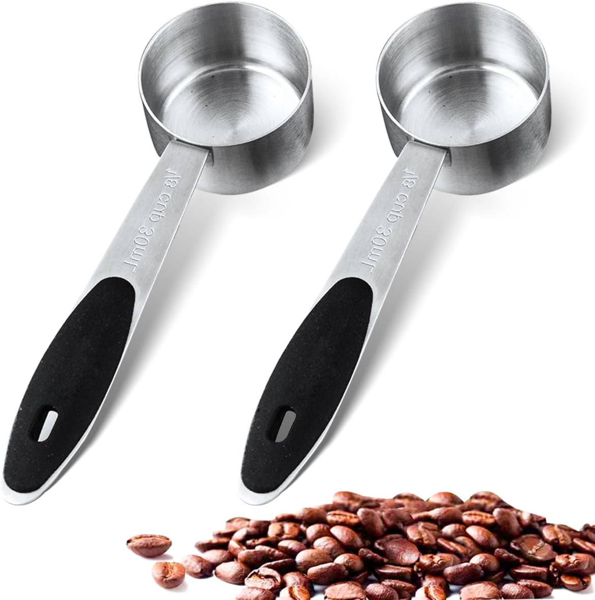 2 Cucharas Medidoras Acero Inox 1/8 Taza con Mango Silicona Negro