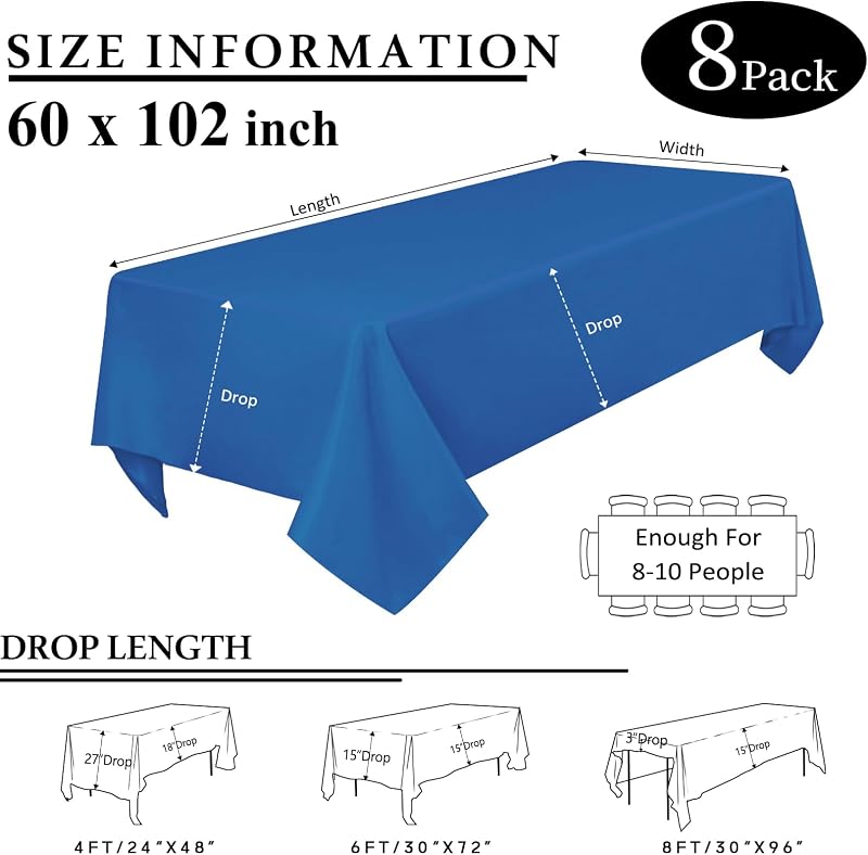 8 Pzas Manteles Rectangulares 60x102pulg Azul Mesa 6ft