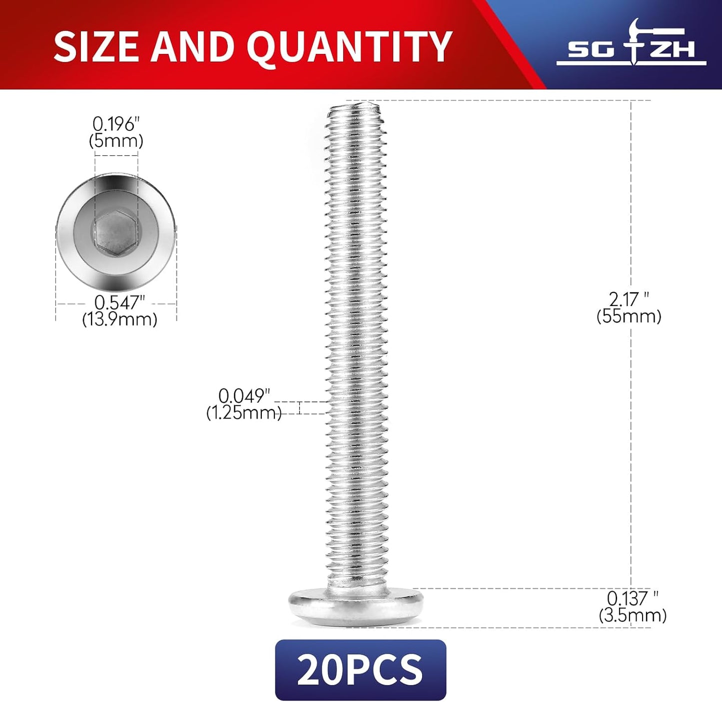 20 Pzas Tornillos M8x55mm Acero Inox 304 Hexagonal