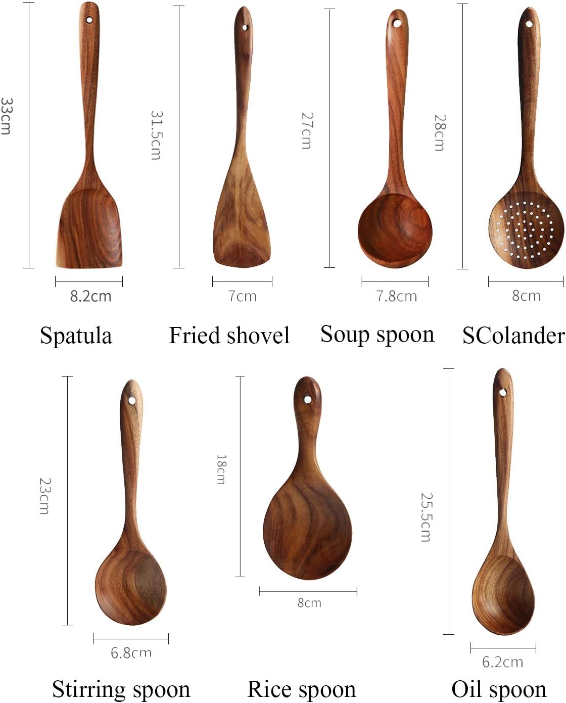 7 Cucharas de Teca Natural para Cocina Antiadherentes