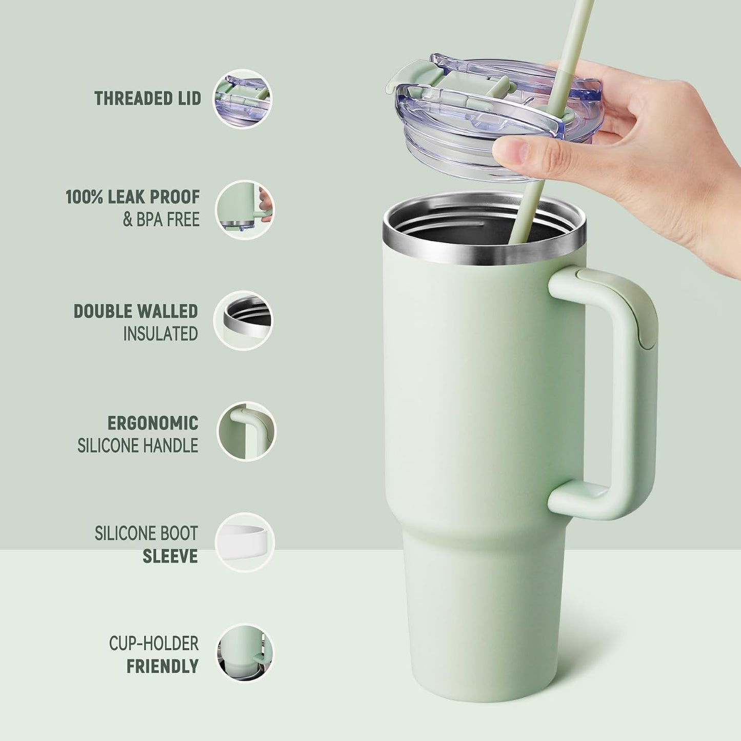 Vaso acero inox 40oz con asa tapa popote aislado