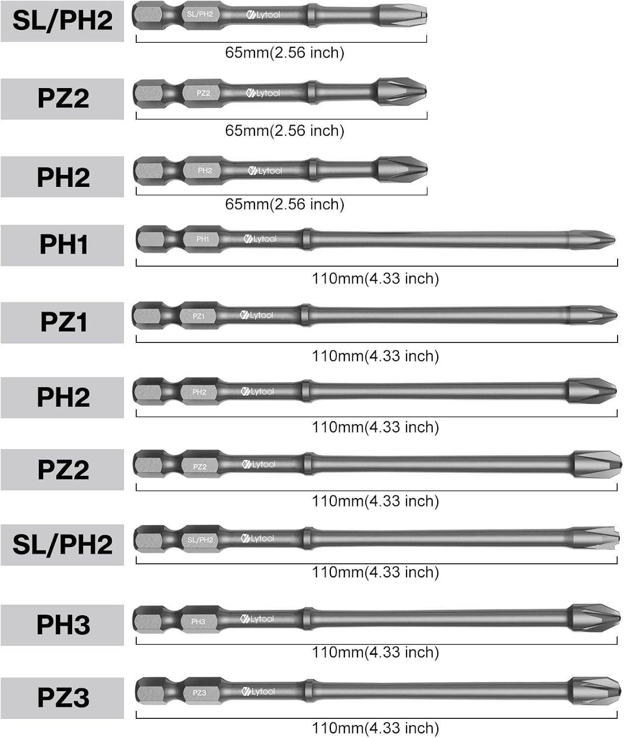 Set 10 brocas magnéticas destornillador hex PH2 PZ2 PH1 PH3 PZ1 PZ3