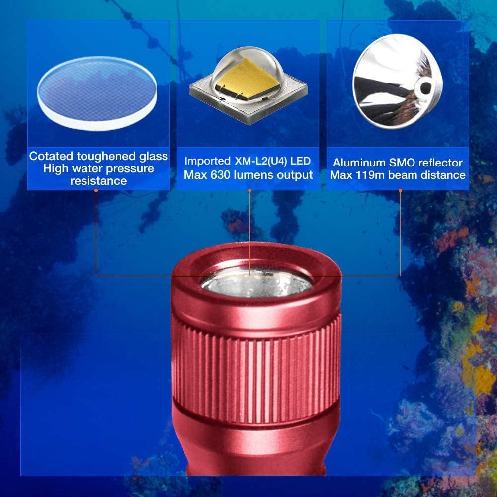 Linterna buceo 650 lúmenes faro 360° rojo