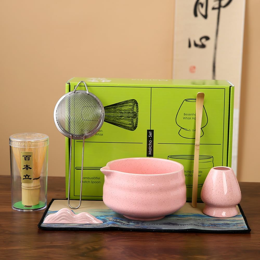 Juego batidor matcha rosa