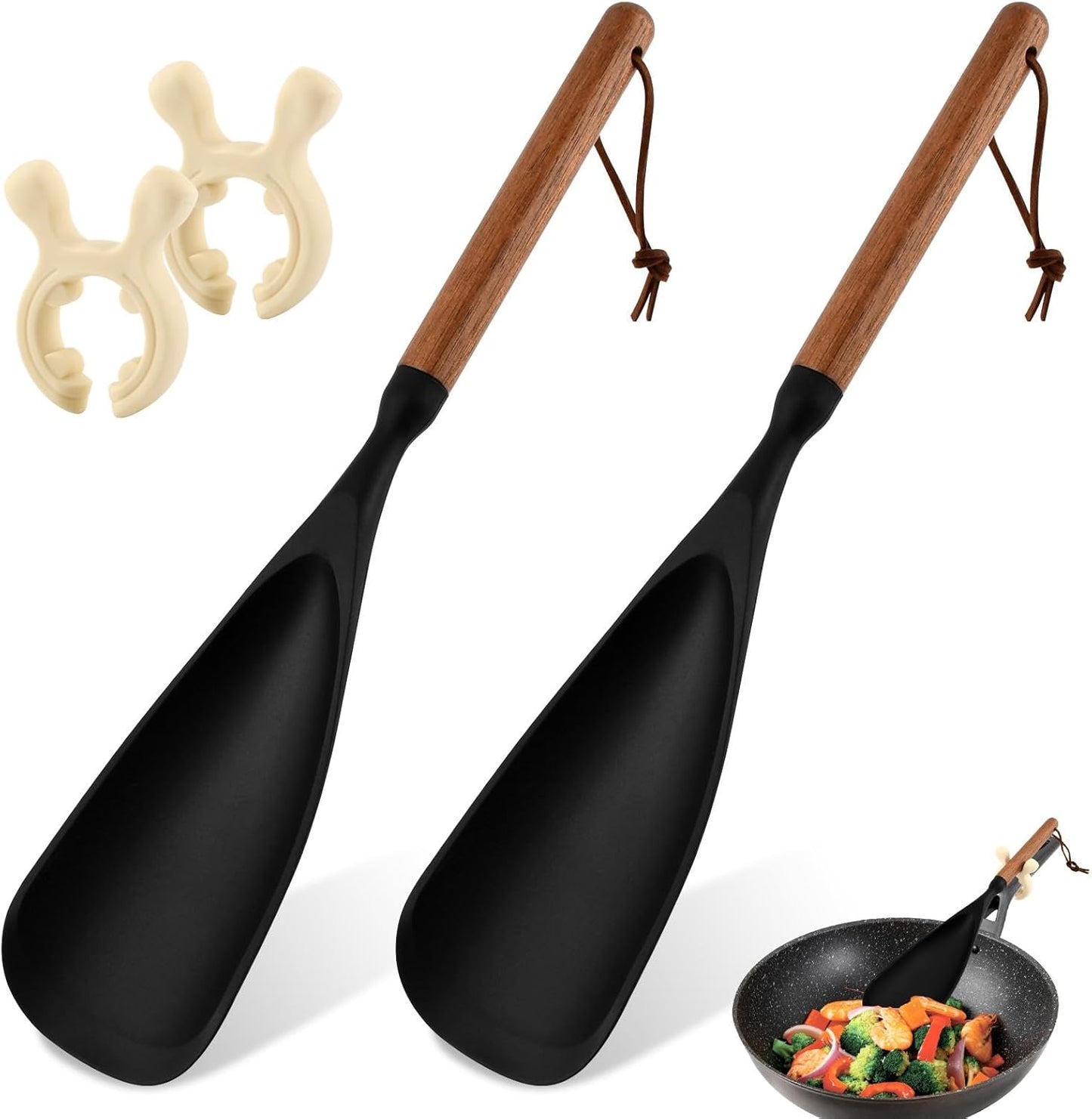 Cuchara de silicona para cocina antiadherente con mango de madera y soporte de clip (negro, 12.8)