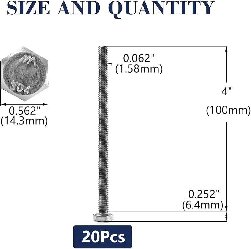 Tornillo hex 3/8-16 x 4 acero inox 304 20 pzas