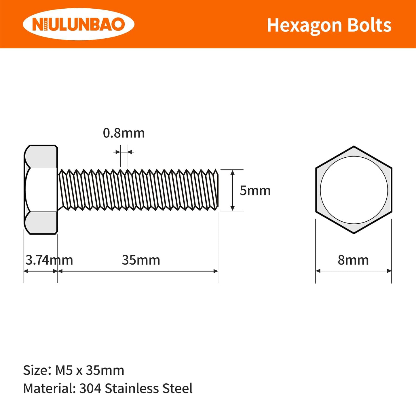 Tornillos hex M5-0.8x35mm acero inox 304 brillante 25uds
