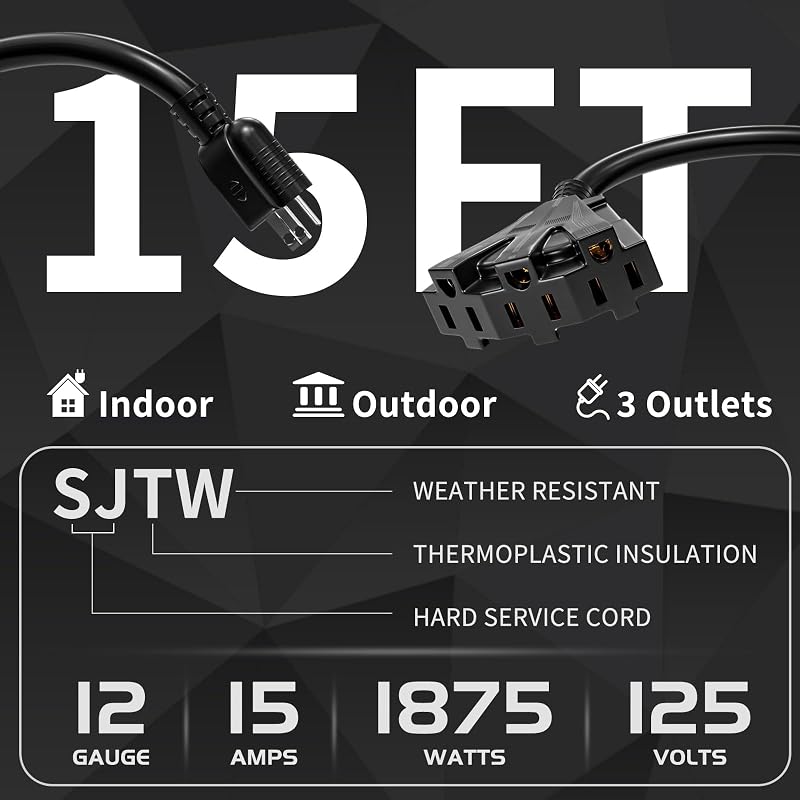 Cable extensión exterior 12/3 15 ft 3 tomas SJTW 12 AWG