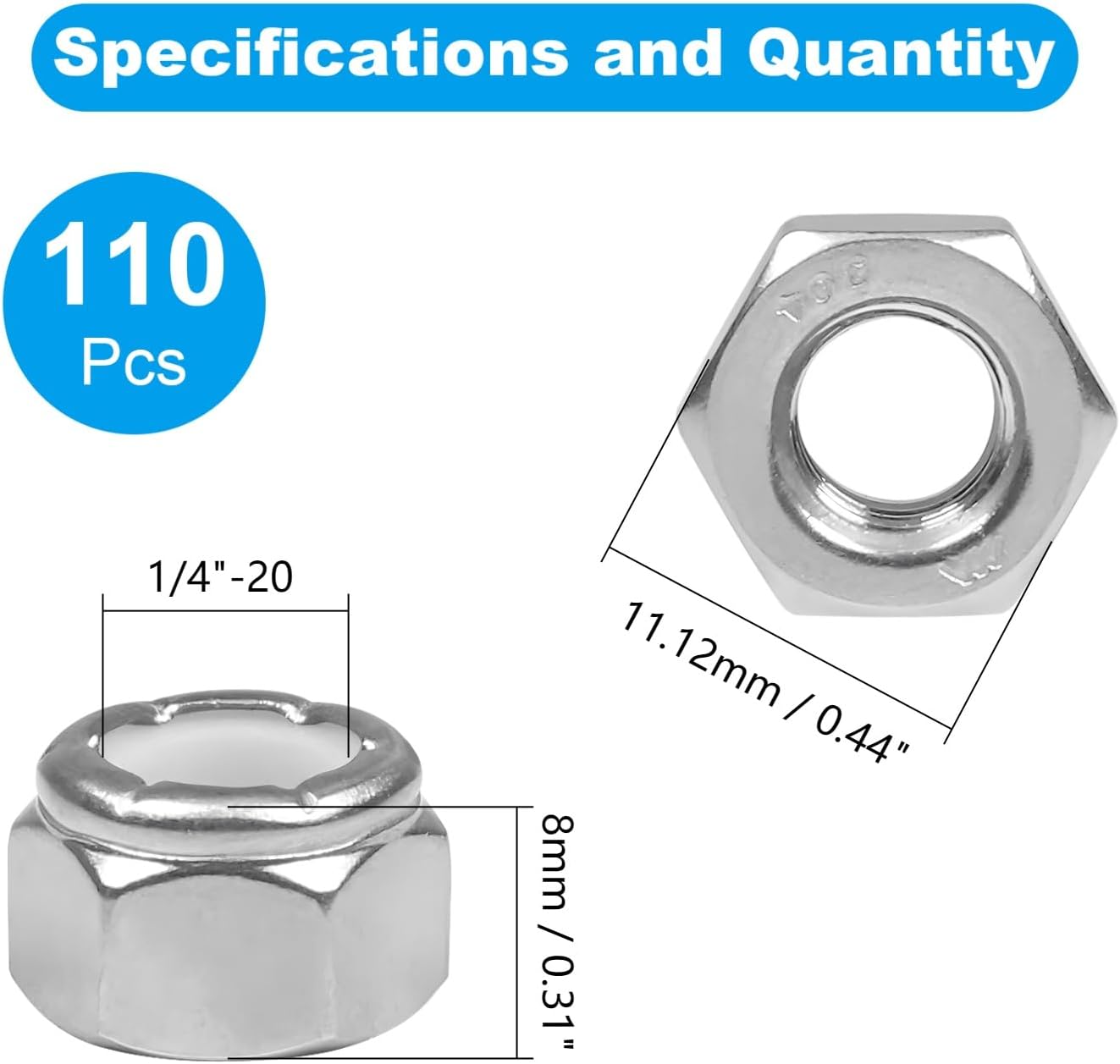110 Tuercas Hexagonales 1/4-20 Acero Inox 304 Autobloqueantes