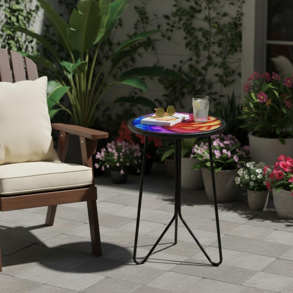 Mesa auxiliar patio metal tablero vidrio colorido redonda