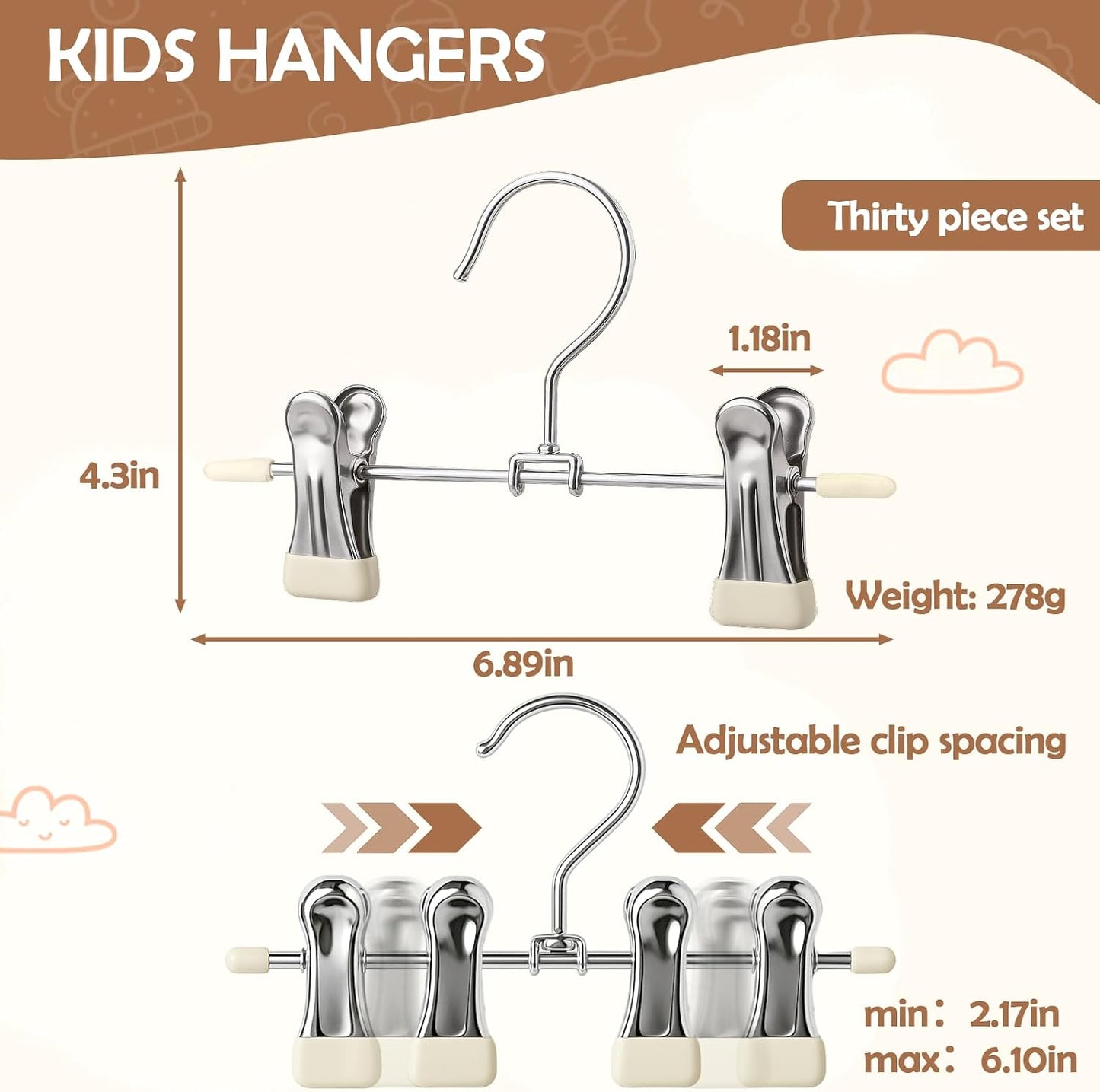 30 Perchas Bebé con Clip Giratorio Acero Inox