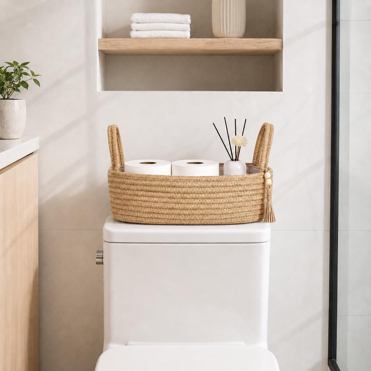 Cesta tejida yute asa para baño encimera almacenamiento