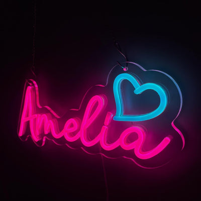 Letrero neón Amelia con luz LED rosa y corazón azul hielo