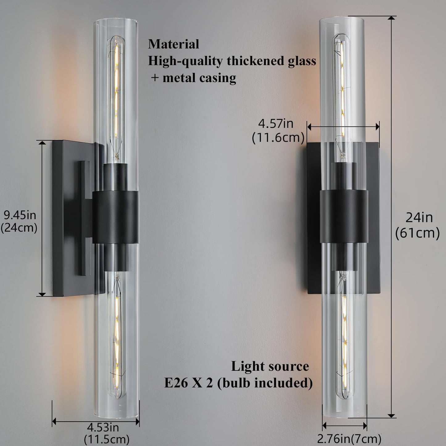 Aplique pared 2 luces negro mate vidrio espejo dormitorio