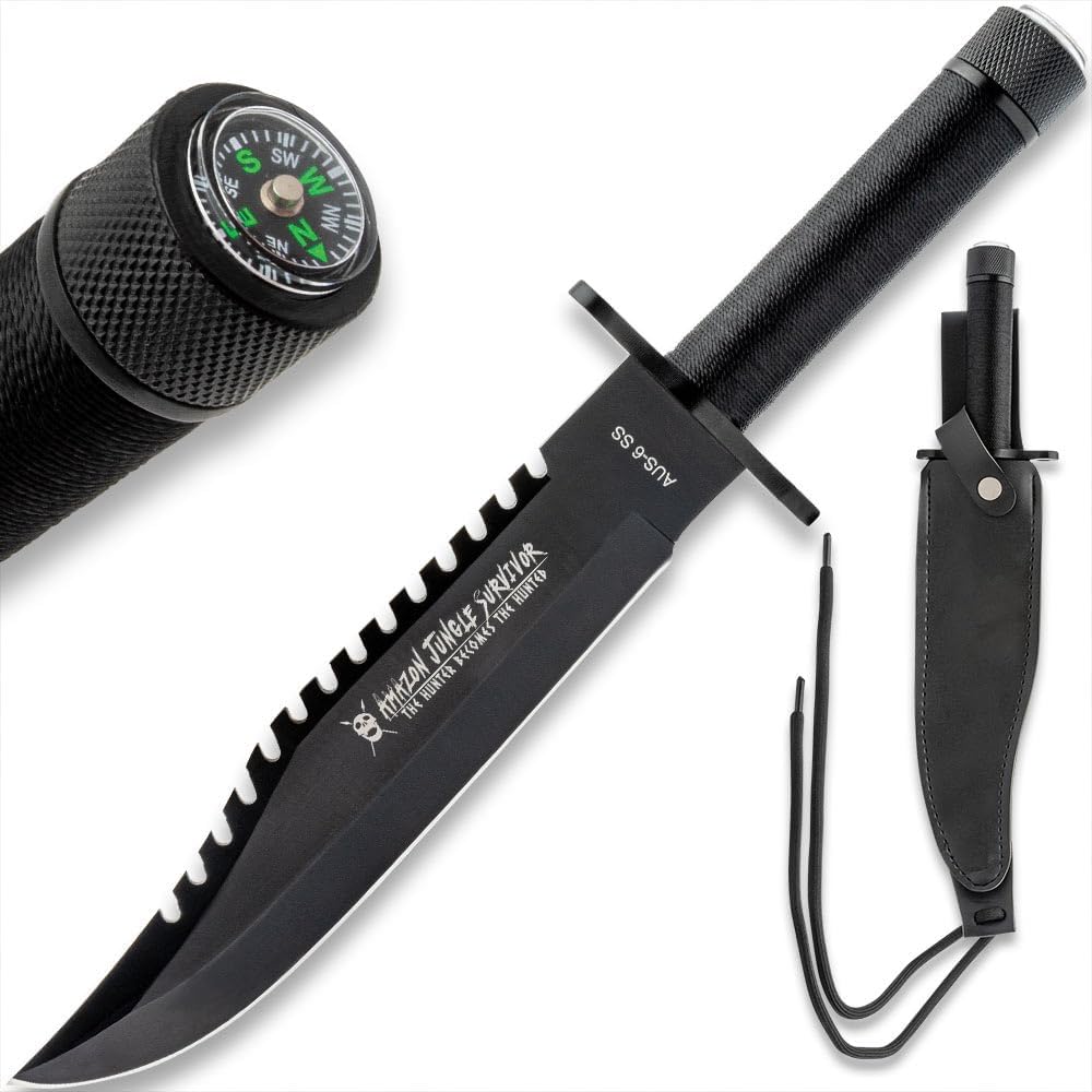 Cuchillo supervivencia acero inox 8.5" brújula funda cuero