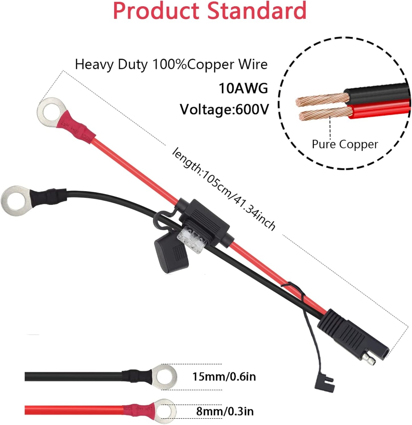 Cable extensión SAE cobre 10AWG 3.3pies terminal anillo