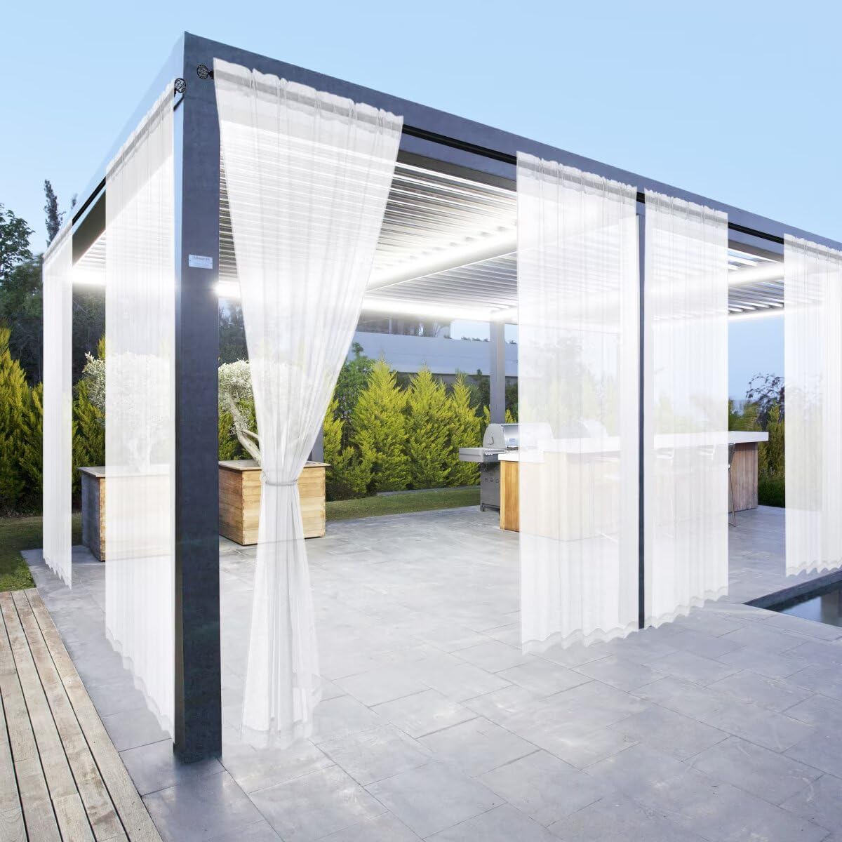 6 Cortinas lino blanco impermeables para patio con bolsillo