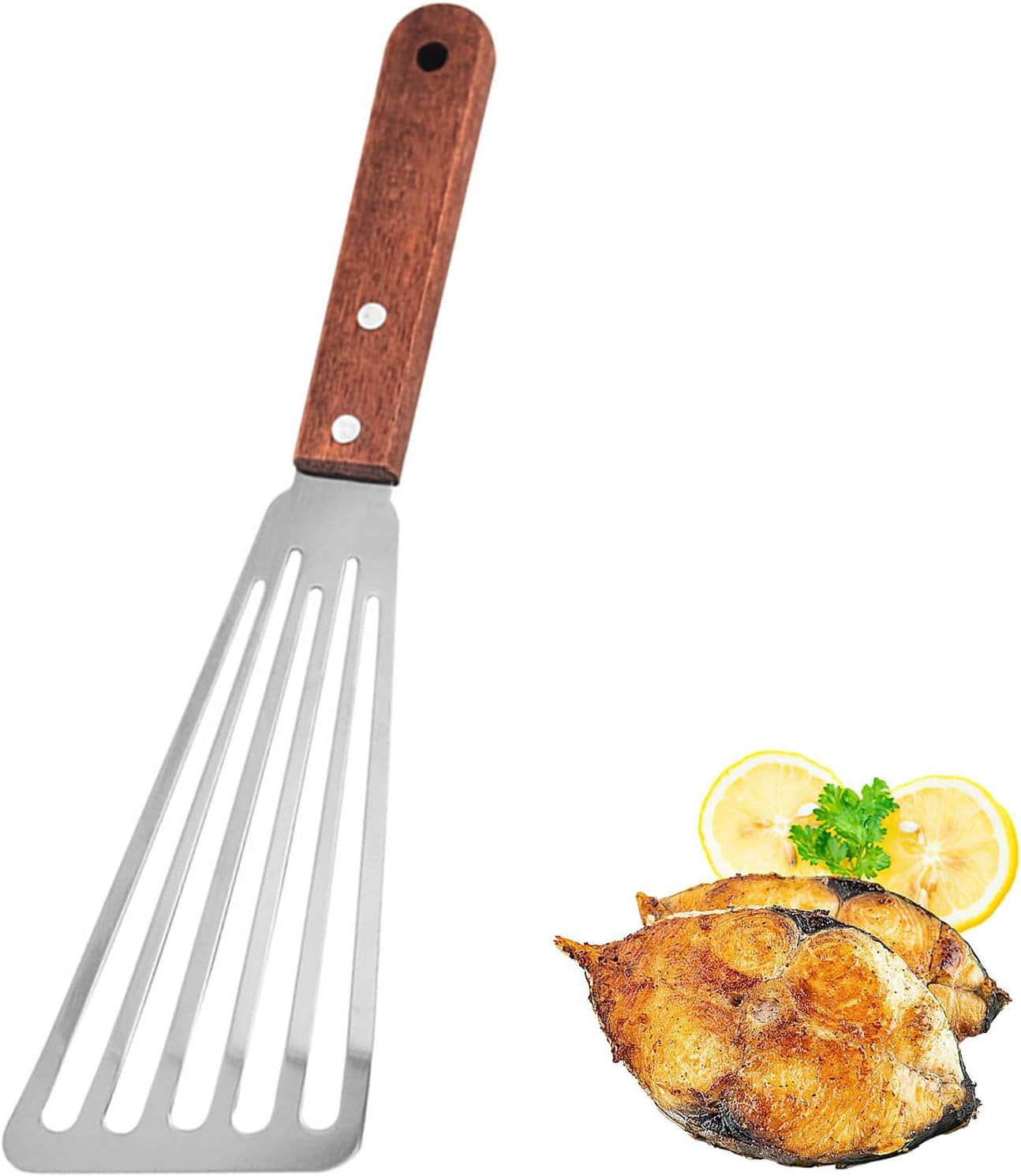 Espátula de pescado con mango de madera acero inoxidable ranurada para cocina