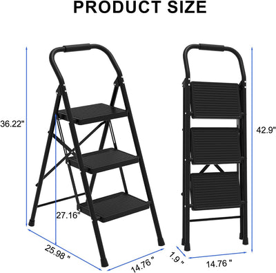 Escalera plegable 3 peldaños 330lb antideslizante negro mate