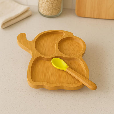Plato bambú bebé con succión diseño elefante madera resistente