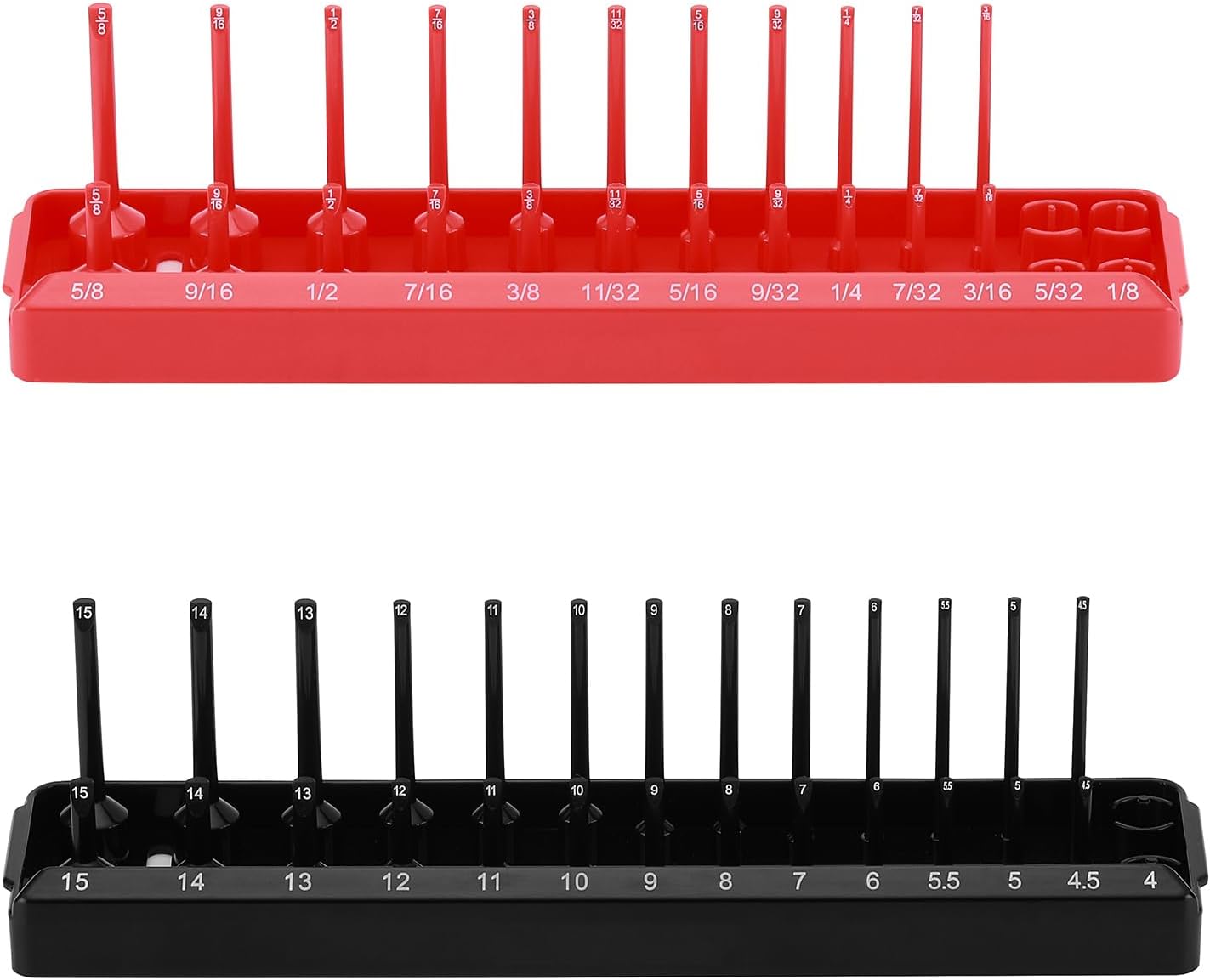 Bandejas enchufes 1/4pulg set 2 piezas SAE y métrico negro rojo