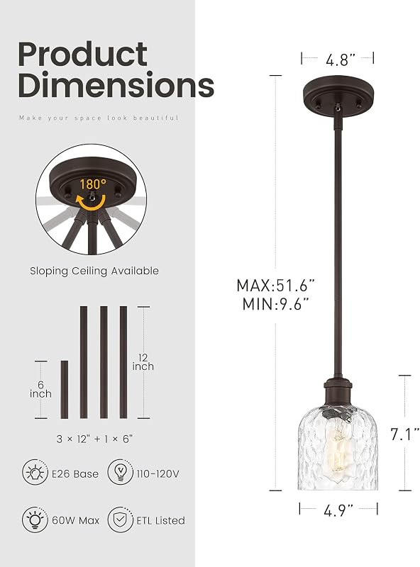 Lámpara colgante cocina 1 luz vidrio martilleado bronce