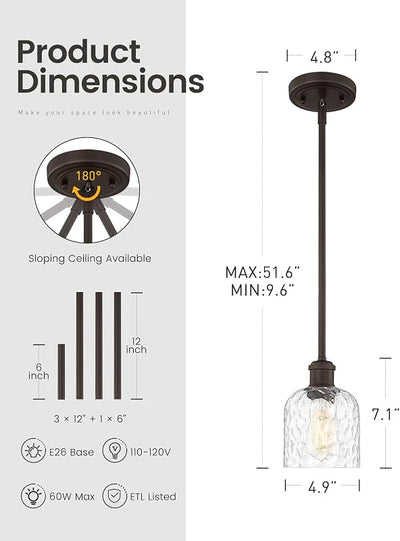 Lámpara colgante cocina 1 luz vidrio martilleado bronce