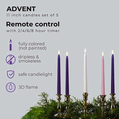 Juego 5 Velas Adviento LED 11pulg Control Remoto 3 Morado 1 Rosa 1 Blanco
