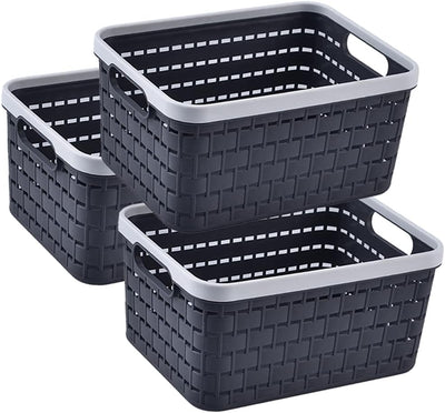 3 Pzas Cestas Plástico Tejidas Apilables 11x8.5x5pulg Gris