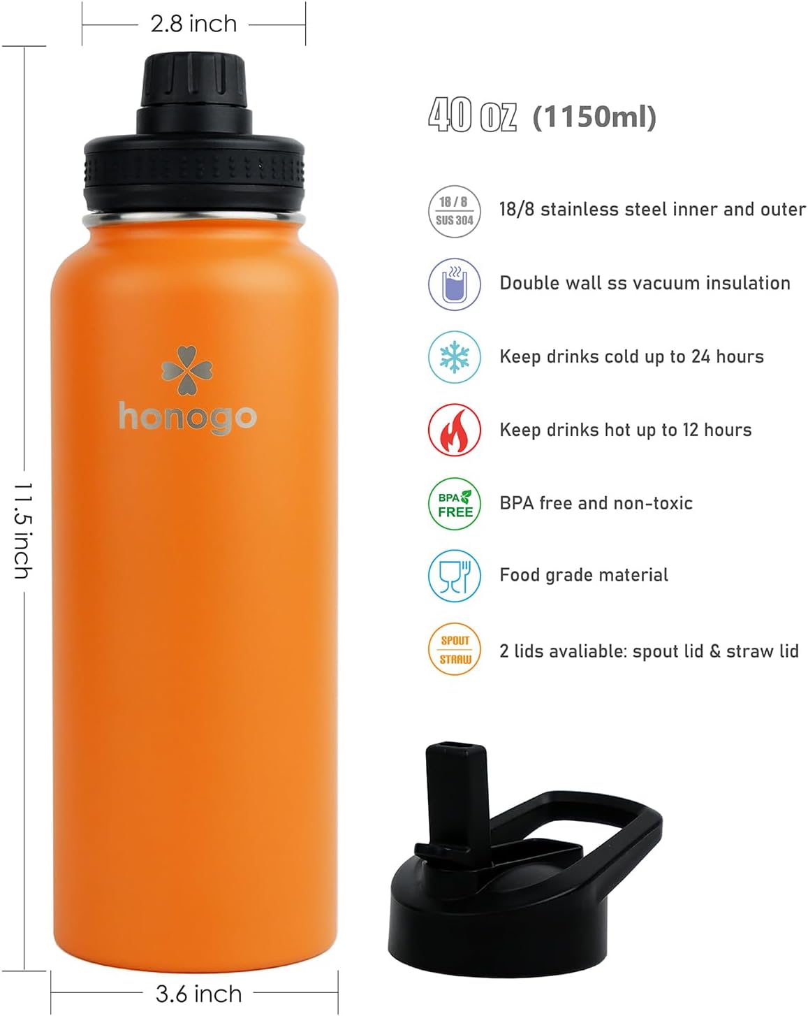 Botella agua acero inox 18/8 térmica 40oz boca ancha