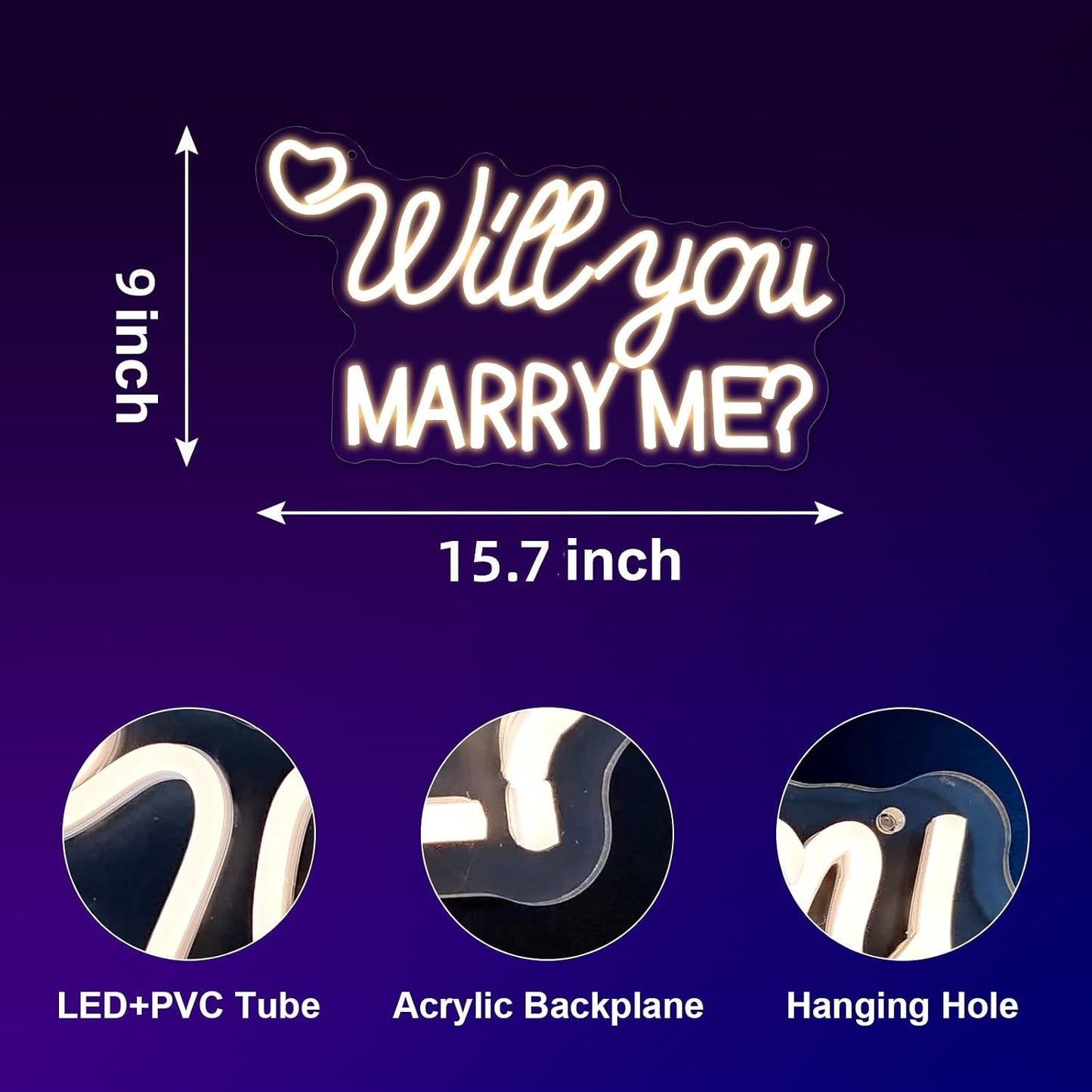 Letrero neón USB «Will You Marry Me» 15.7x9" blanco cálido