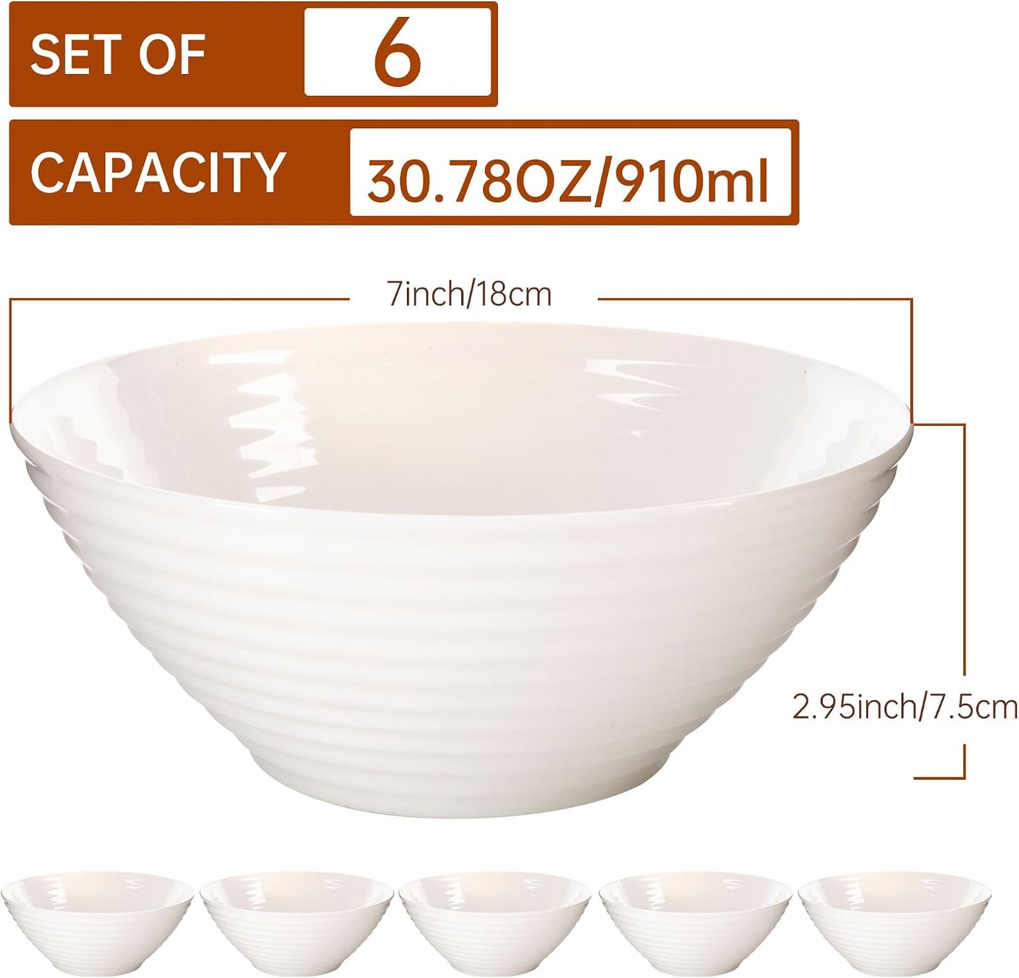 6 Pzas Cuencos Vidrio Blanco 30oz para Sopa Avena Desayuno