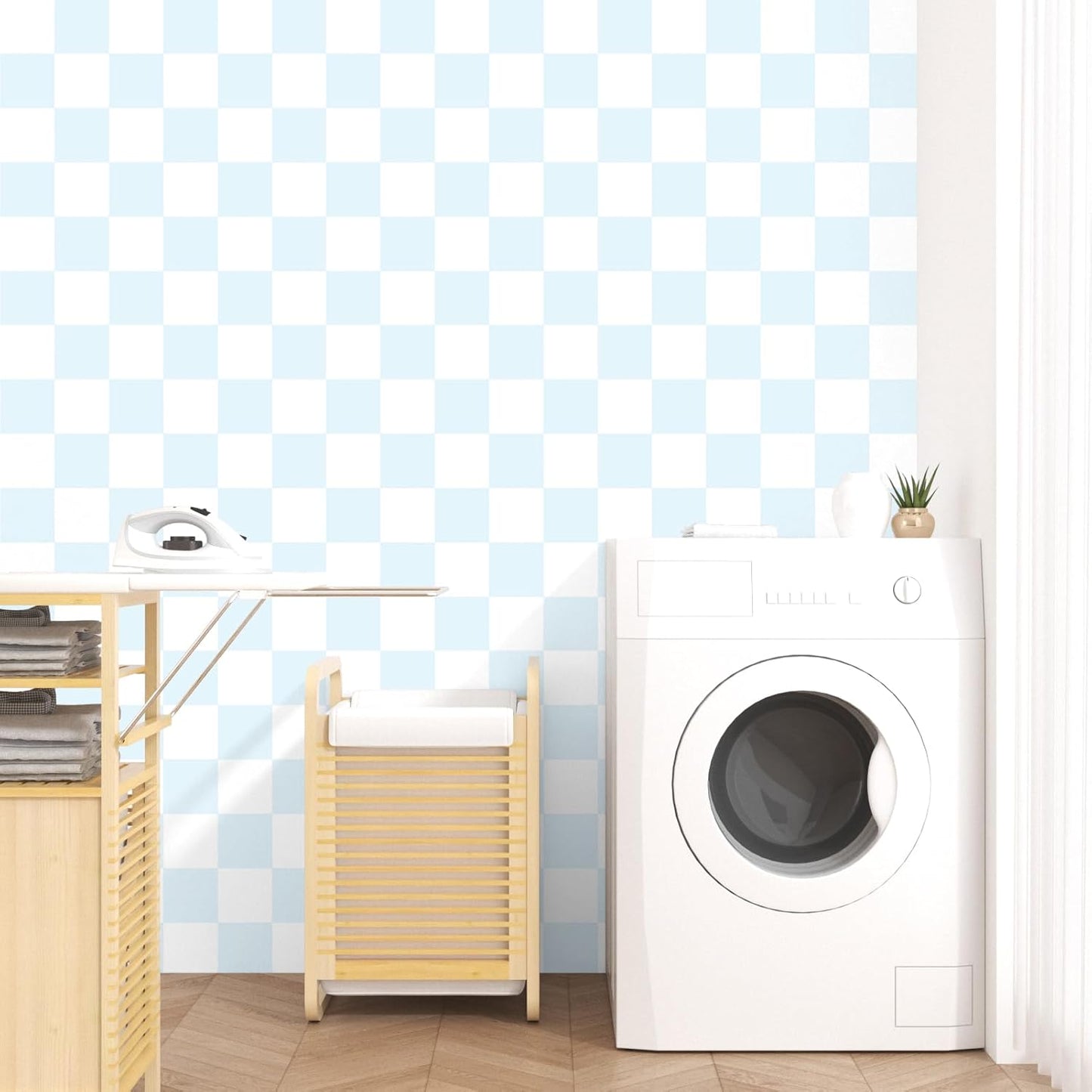 Papel tapiz geométrico azul y blanco para niños y lavandería