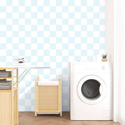Papel tapiz geométrico azul y blanco para niños y lavandería