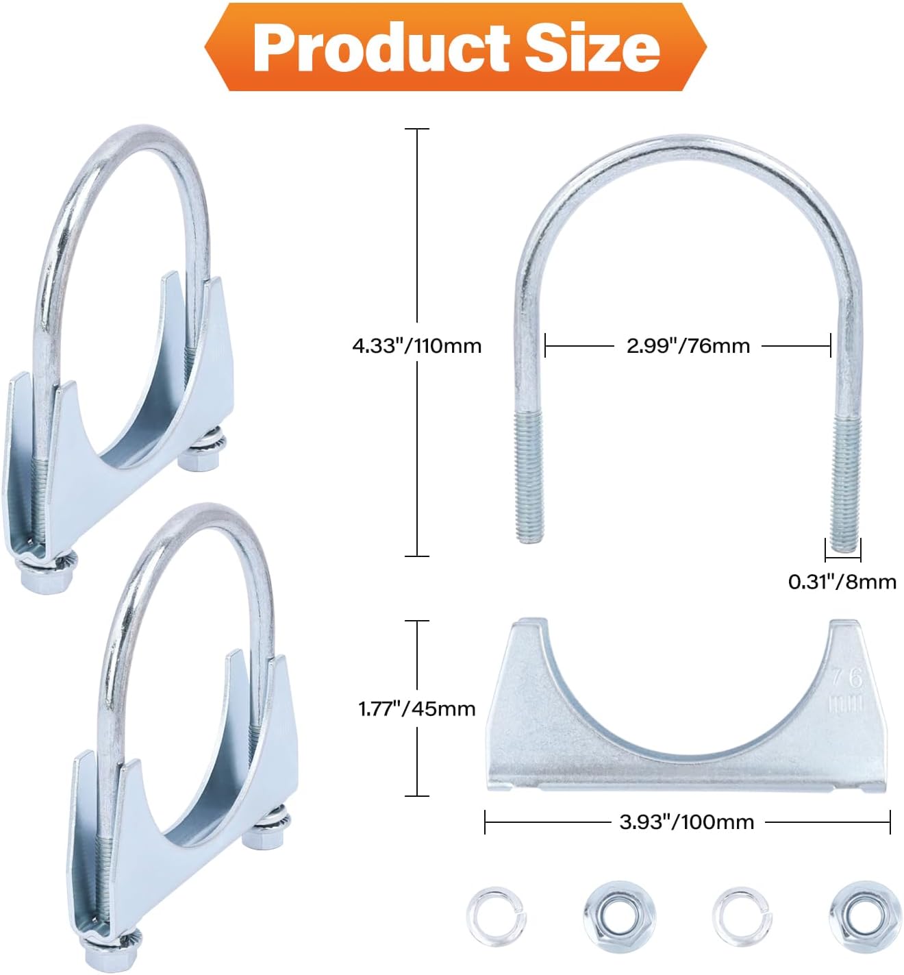 2 Pack Abrazaderas U 76mm para Escape Tubo