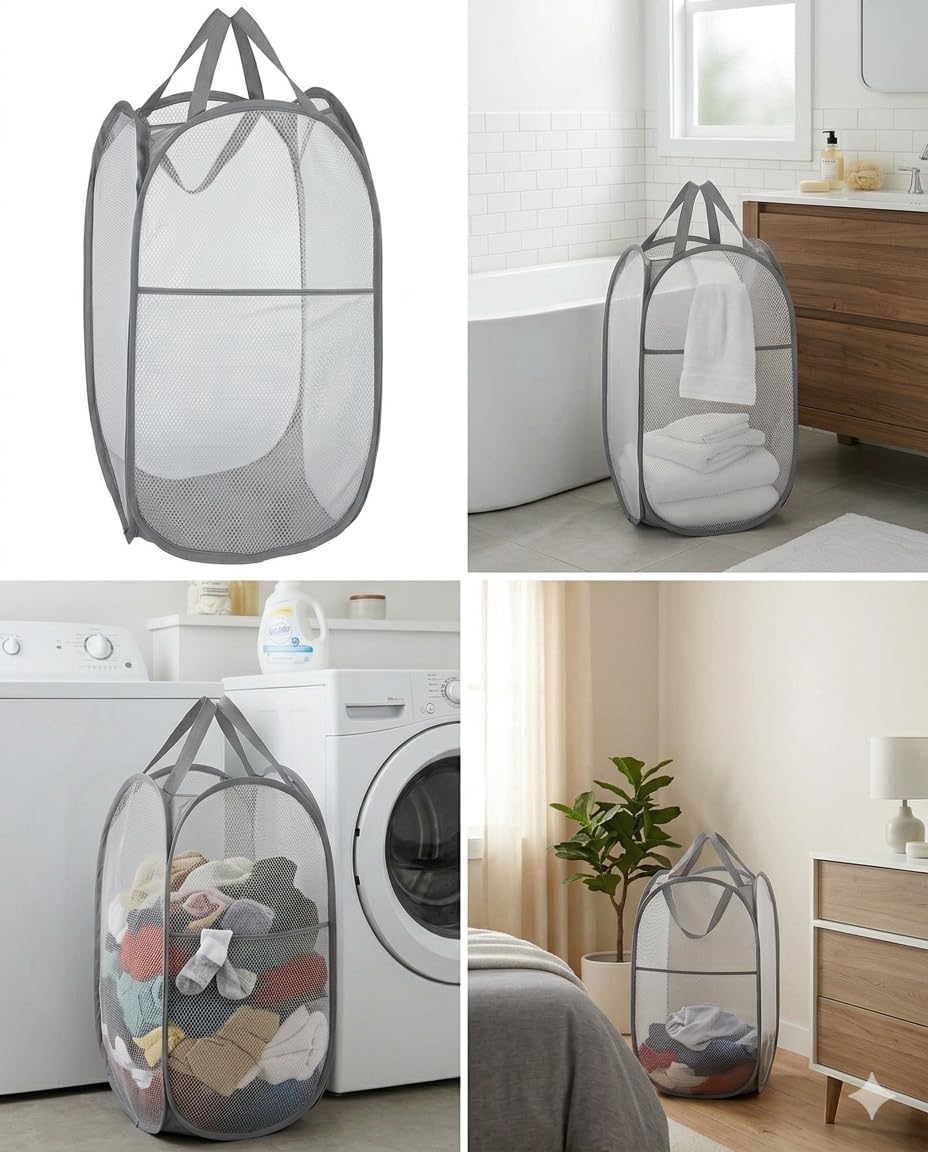 Cesta plegable para ropa sucia con asas gris