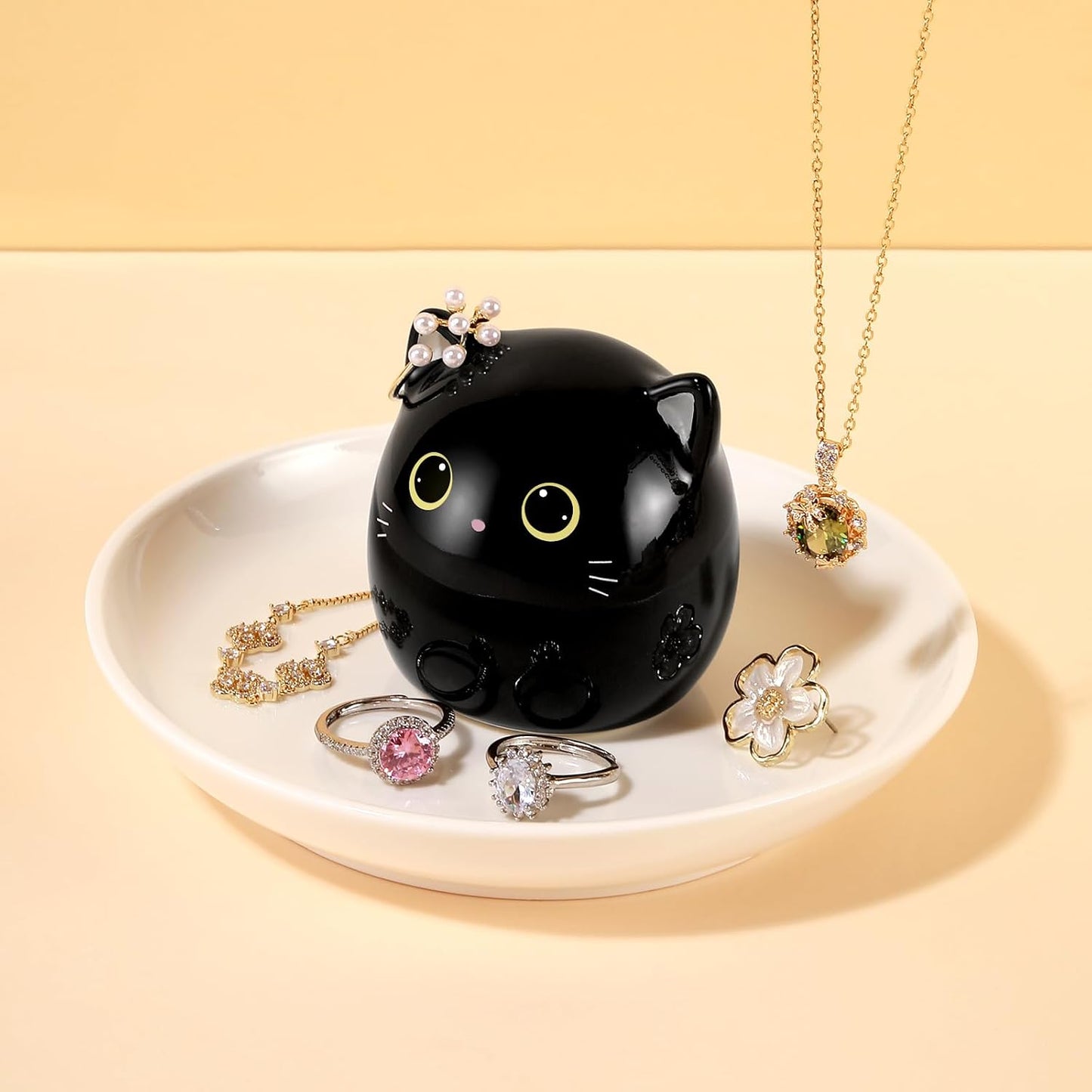 Soporte anillos con gato negro para joyas y regalos
