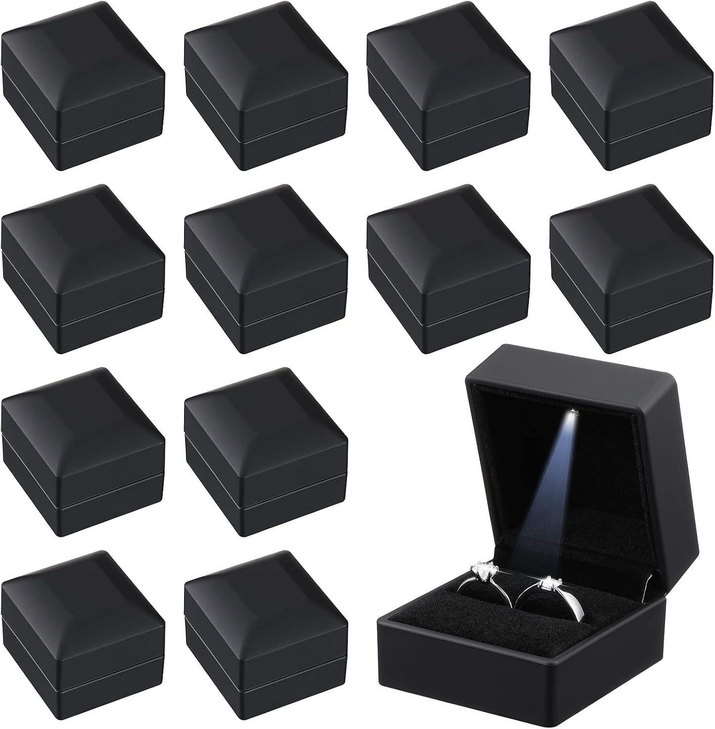12 Cajas Joyería Terciopelo Negro LED para Anillo Collar