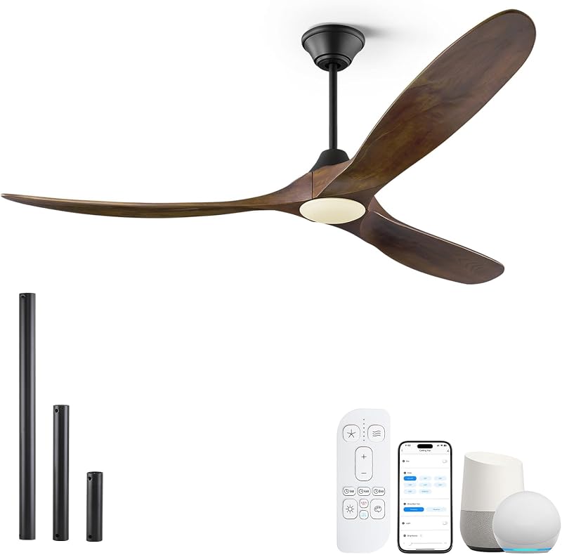 Ventilador techo 70pulg madera nogal 3 aspas luces app alexa